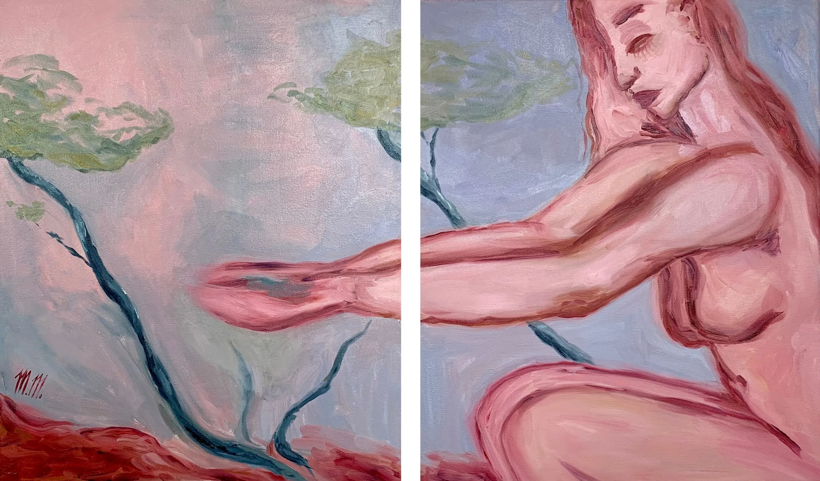 Přijímání, 2025, huile sur toile, diptych, 2 × 40 × 60 cm